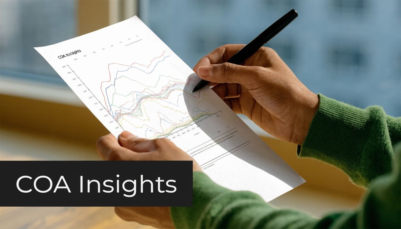 A person holding a document with a complex multi-line graph while reviewing data with a black pen.