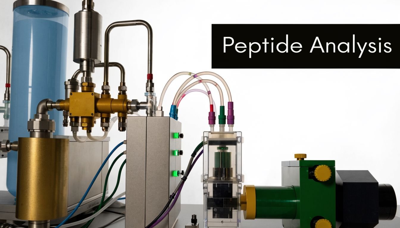 A complex laboratory instrument used for peptide analysis with intricate tubing, valves, and a digital control panel.