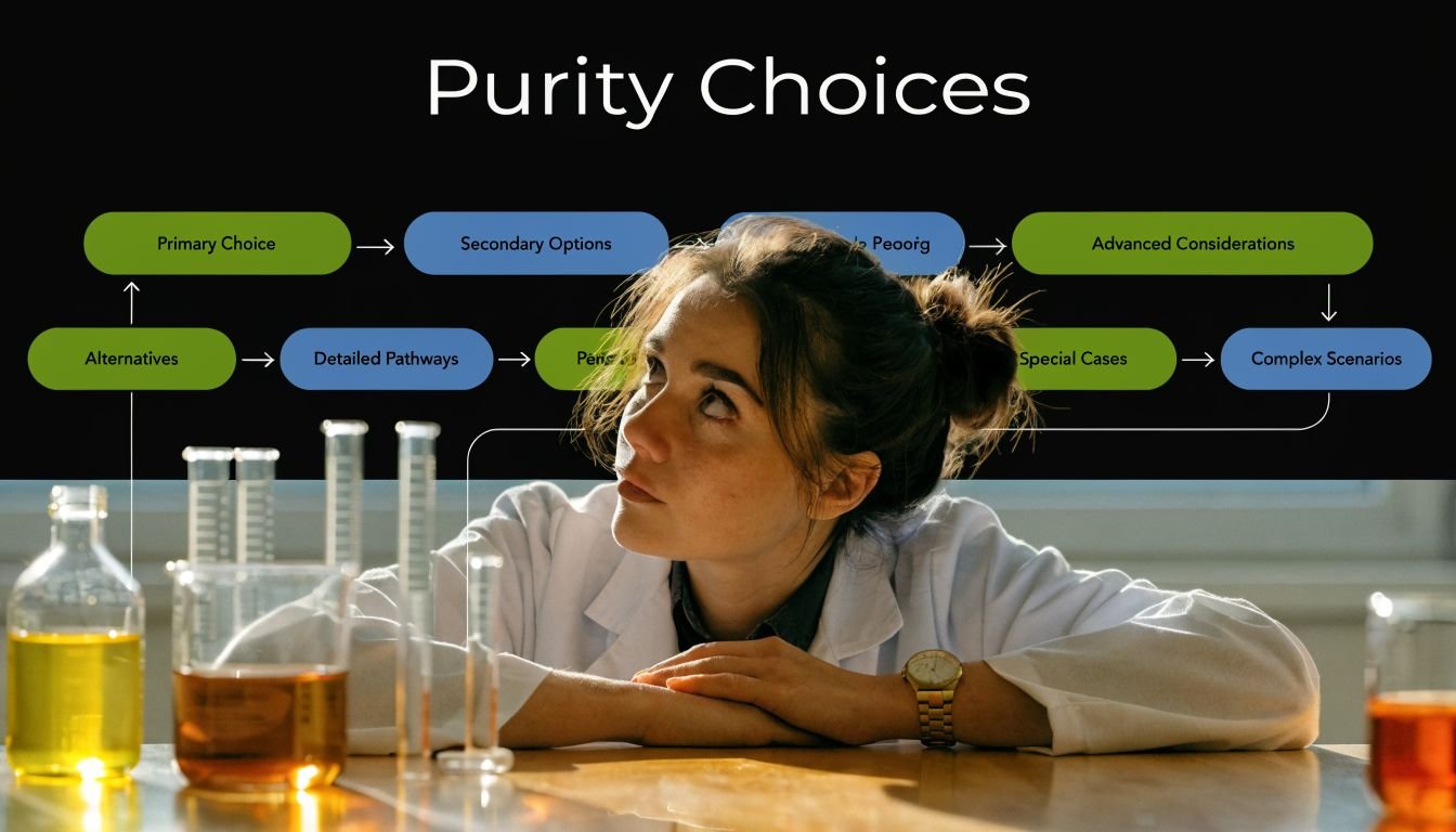 A laboratory scientist reviewing a flow chart titled Purity Choices while working with various liquid samples.